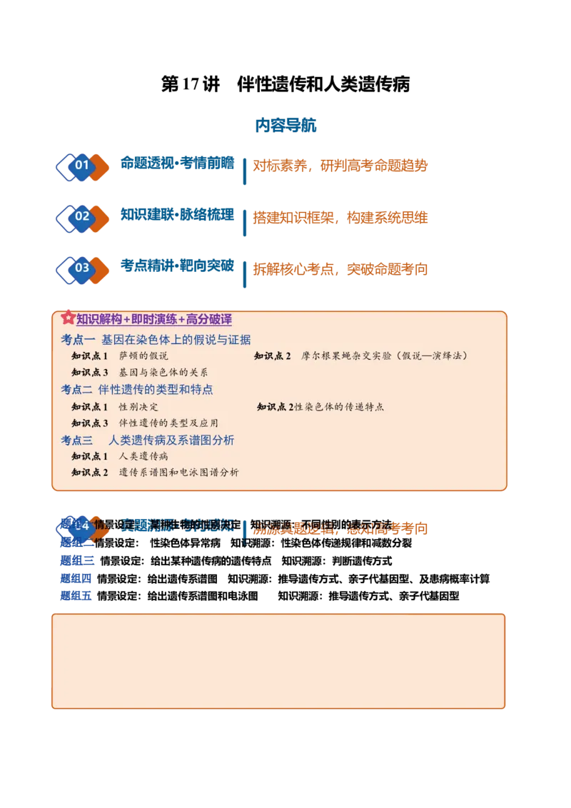 《第17讲伴性遗传和人类遗传病（复习讲义）（全国通用）（教师版）_高考一二三轮复习_生物_2027年高考生物一轮_2027年高考生物一轮复习讲义+练习+课件（新教材新高考）-G55_2027版》第1页预览