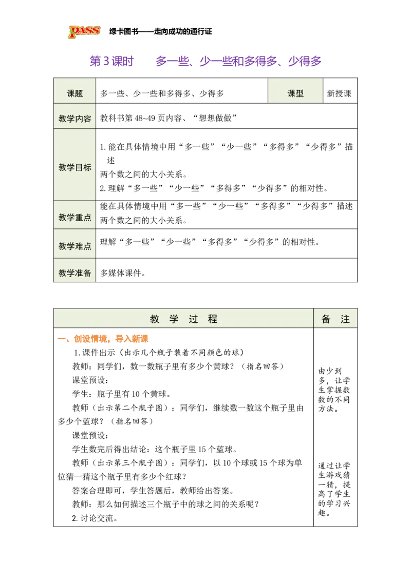 《第3课时多一些、少一些和多得多、少得多_26春小学语数英道科各版本《课件+教案》_26春各版本数学《课件+教案》1-6年级下册_26春苏教版数学1-6年级下册教案课件PPT_第四单元》第1页预览