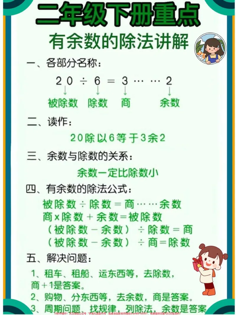 《二年级下册数学重点有余数的除法计算#教育#学习#每天学习一点点#数学思维#小学数学_最新小学1-9年级各科+幼升小+综合类学习资源汇总包_二年级一线老师整理版资源(全网独家)》第1页预览
