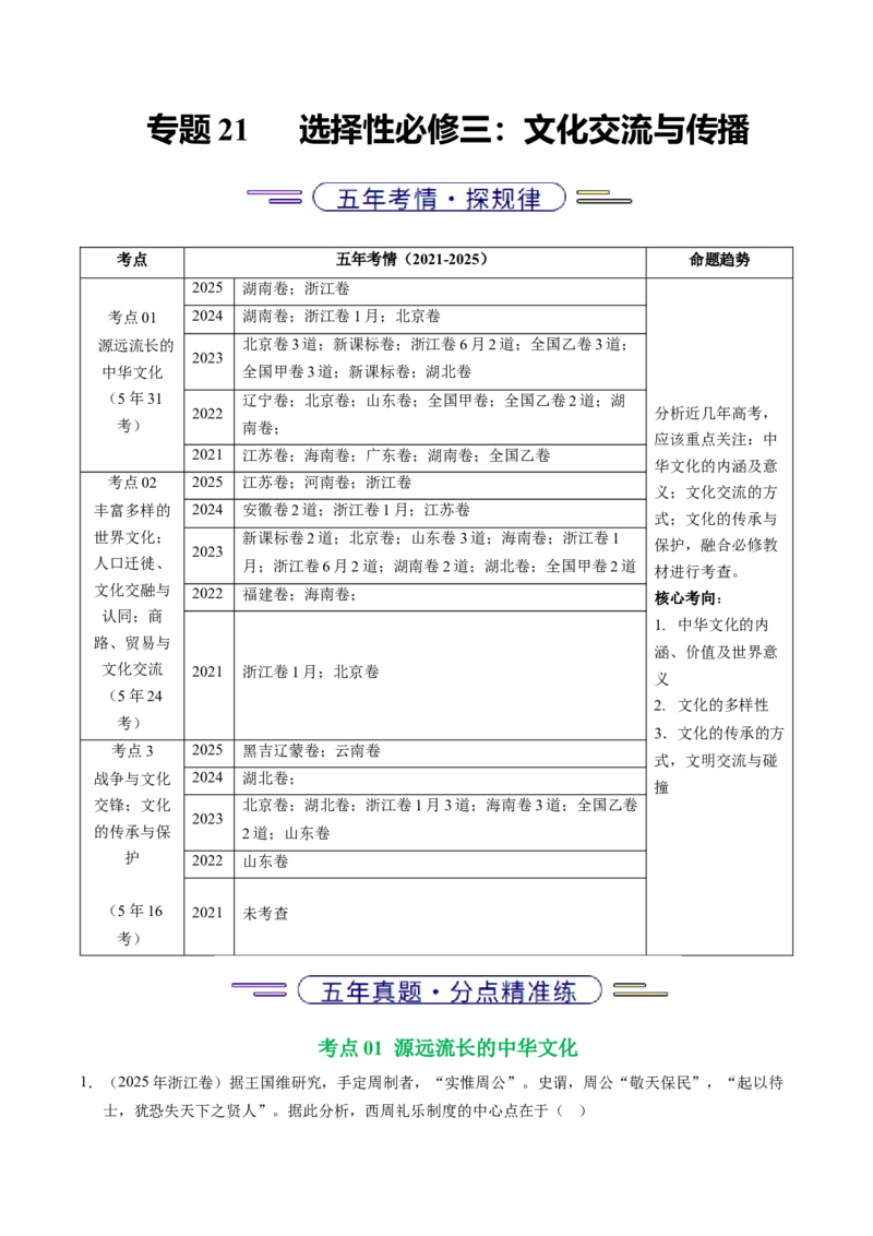 《专题21选择性必修三：文化交流与传播（全国通用）（学生版）_高考一二三轮复习_历史_2026年-历史高考专项复习_五年（2021-2025）高考历史真题分类汇编（全国通用）-C438》第1页预览