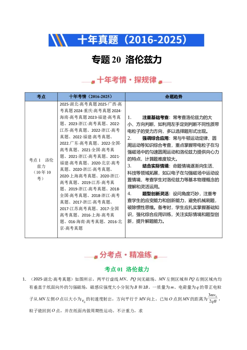 《专题20洛伦兹力（全国通用）（学生版）_高考一二三轮复习_物理_2026年-物理高考专项复习_十年（2016-2025）高考物理真题分类汇编（全国通用）-G15》第1页预览