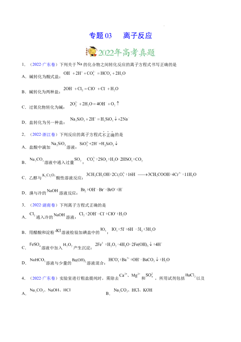 《专题03离子反应——三年（2020-2022）高考真题化学分项汇编（新高考专用）（原卷版）_初高中资料库_高中资料库（转存避免链接过期失效）_高中化学》第1页预览