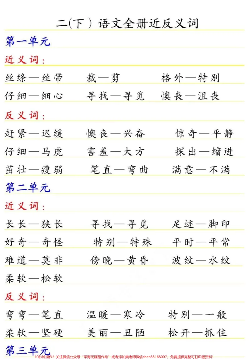 《二年级下册语文全册近反义词#小学语文#学习#教育#二年级#每天学习一点点_最新小学1-9年级各科+幼升小+综合类学习资源汇总包_二年级一线老师整理版资源(全网独家)》第1页预览