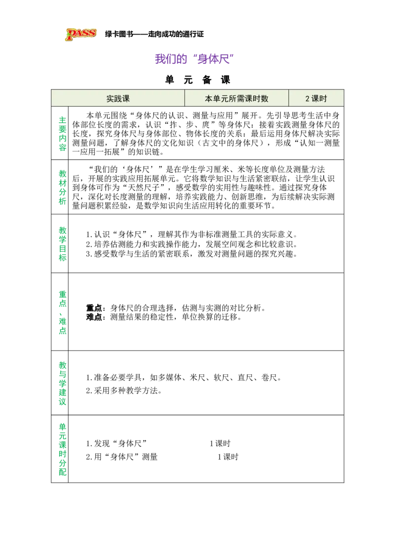 《我们的“身体尺”总教案_26春小学语数英道科各版本《课件+教案》_26春各版本数学《课件+教案》1-6年级下册_26春苏教版数学1-6年级下册教案课件PPT_苏教版数学二年级下册教案课件（26春）》第1页预览