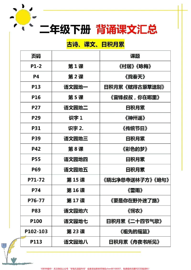 《二年级下册语文,需要背诵课文汇总。二年级语文下册,背诵课文汇总。寒假打印出来,让孩子提前背一背。下学期学习不吃力!#家长收藏孩子受益#图文伙伴计划#寒假充电计划#寒假来了#寒假作业》第1页预览