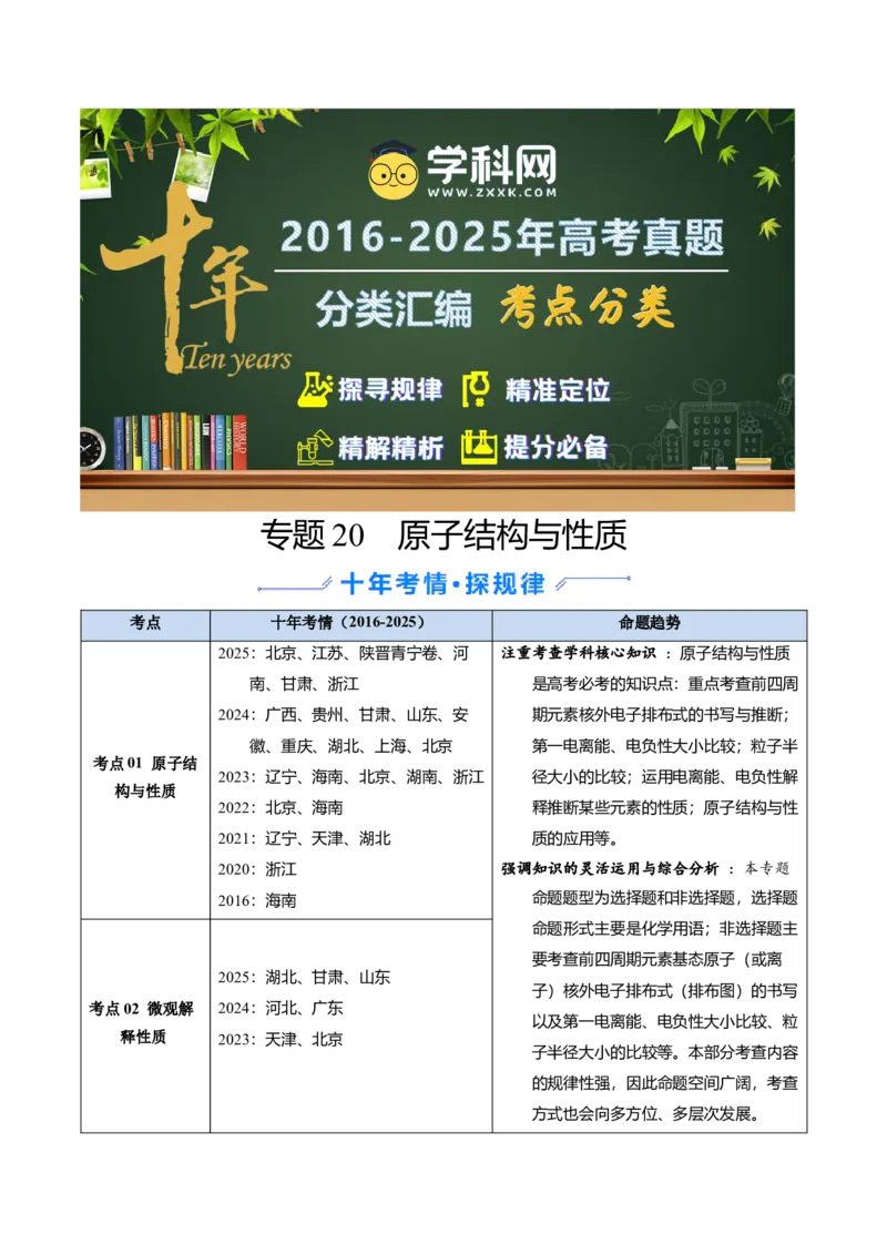 《专题20原子结构与性质（教师版）_高考一二三轮复习_化学_2026年-化学高考专项复习_十年（2016-2025）高考化学真题分类汇编（全国通用）-G15》第1页预览