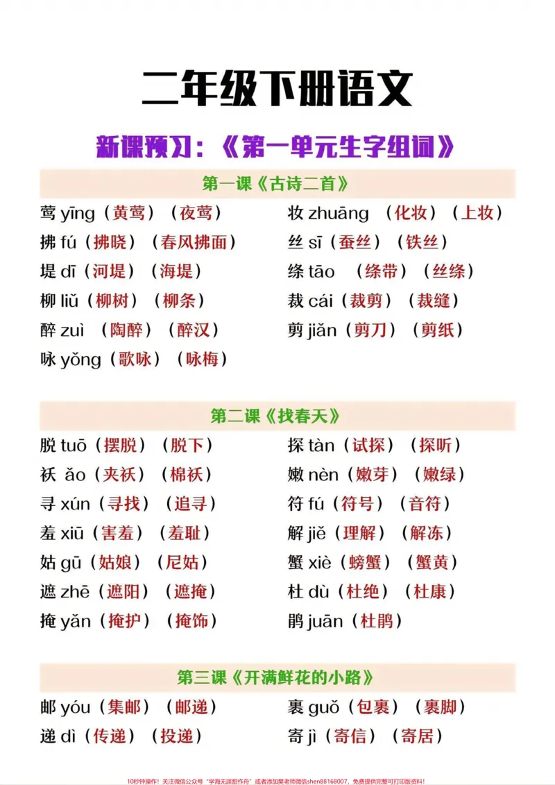 《二年级下册语文第一单元生字组词汇总#小学语文#教育#每天学习一点点#学习#二年级_最新小学1-9年级各科+幼升小+综合类学习资源汇总包_二年级一线老师整理版资源(全网独家)》第1页预览