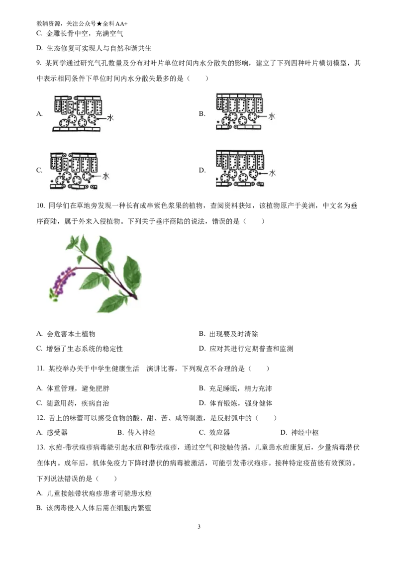 《2025河北省中考生物真题(原卷版)_历年中考真题2013-2025_初中生物历年中考真题（2015-2025）_2025年全国中考真题_2025河北省中考生物真题》第3页预览