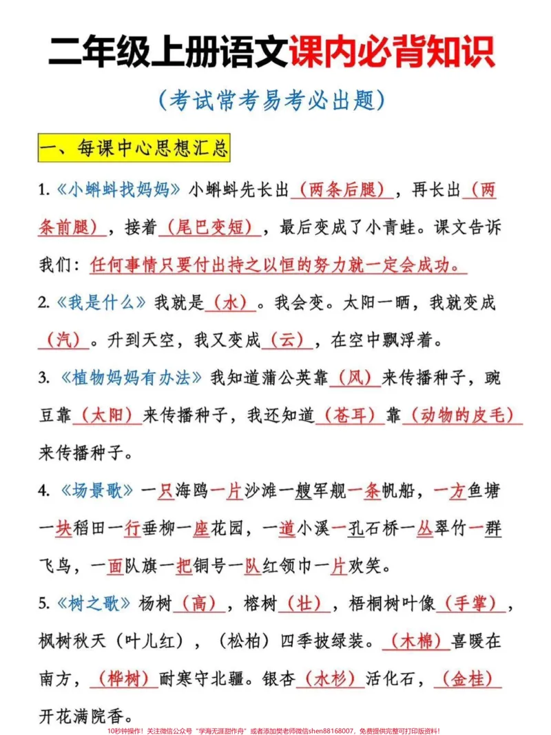 《二年级上册语文课内必背知识汇总。二年级上册语文常考易考题,老师给大家整理出来了。家长给孩子打印一份出来学习。都是考试常考必考知识点,有电子版可打印,家长快给孩子打印出来学习吧!#必考考点#二年级语文#知识点总结@qunju888.com小助手》第2页预览