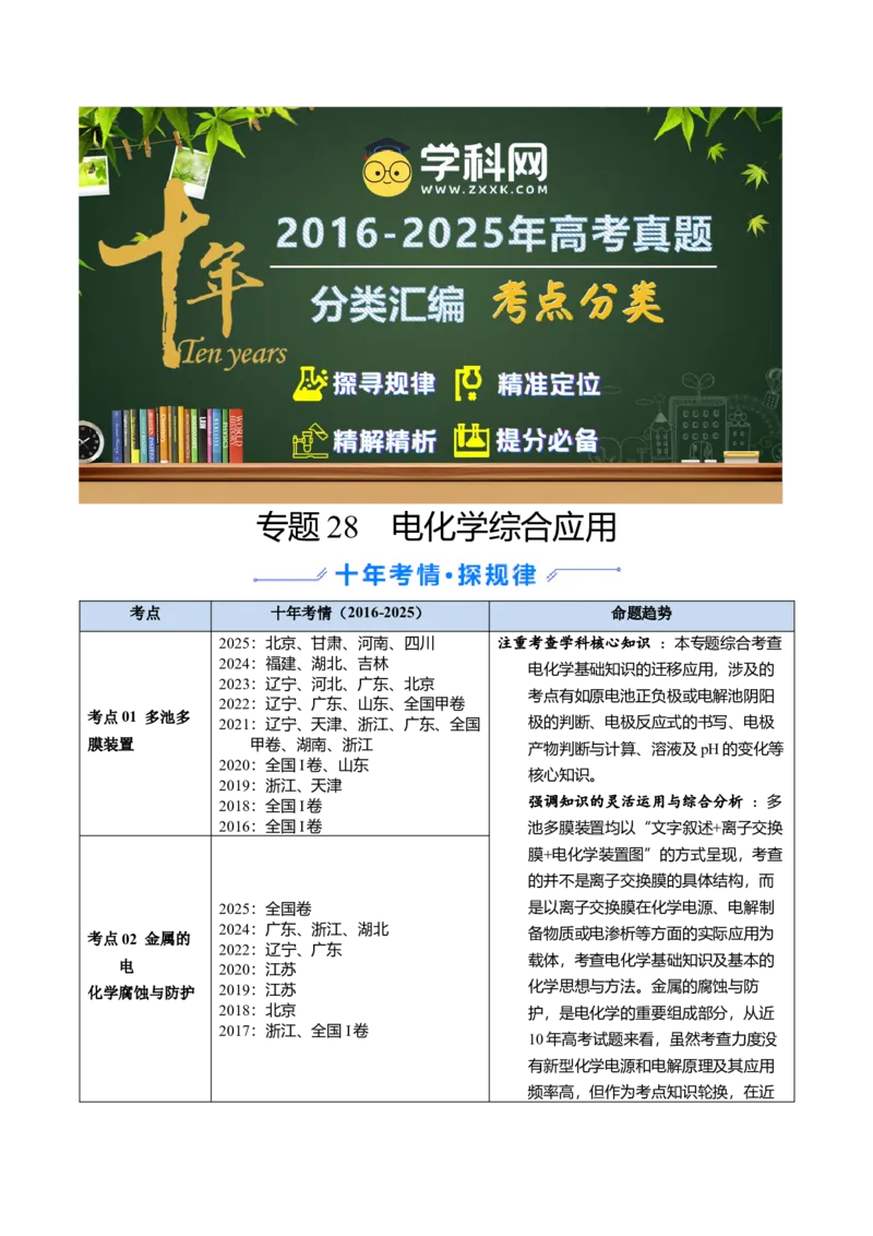 《专题28电化学综合应用（学生版）_高考一二三轮复习_化学_2026年-化学高考专项复习_十年（2016-2025）高考化学真题分类汇编（全国通用）-G15》第1页预览