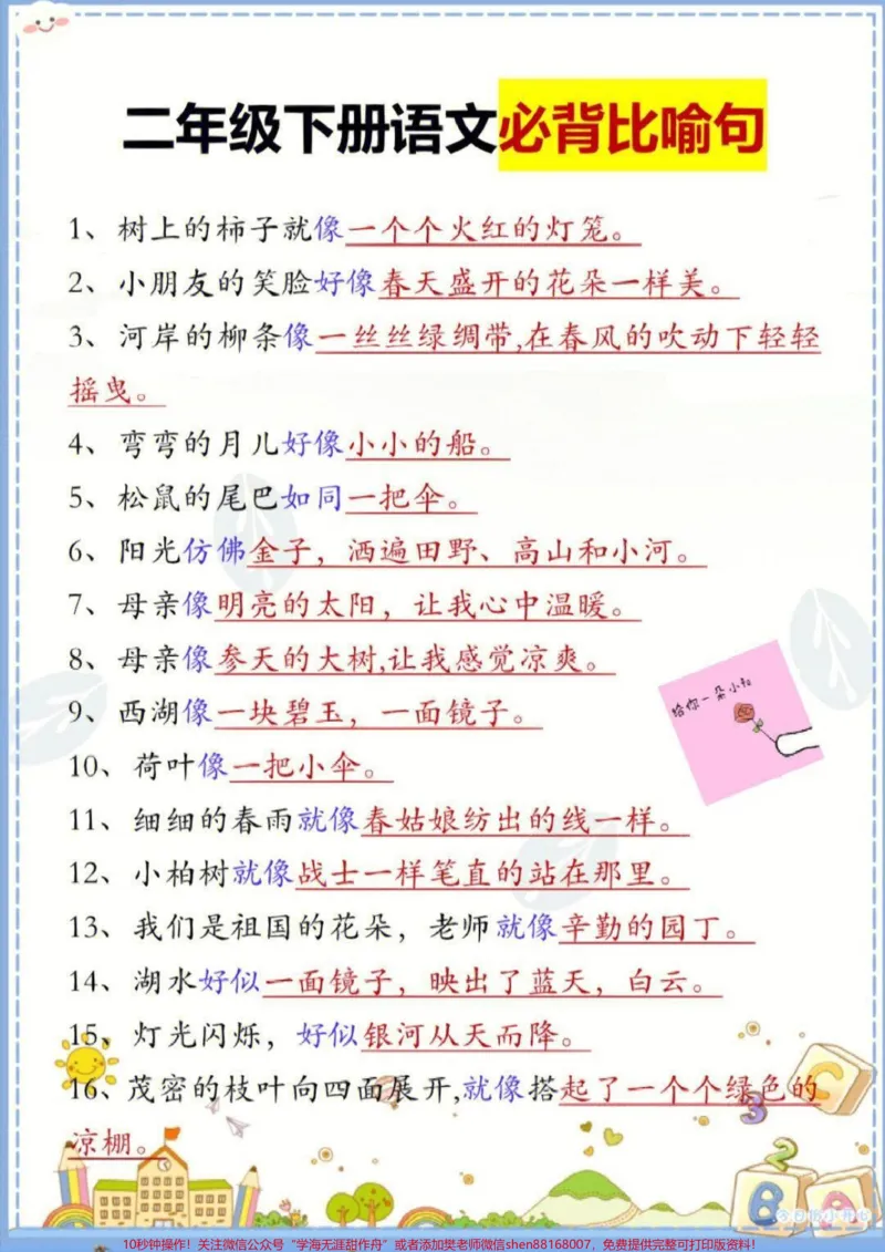 《二年级下册语文必背比喻句归纳#每天学习一点点#家长收藏孩子受益#教育#学习#知识点总结_最新小学1-9年级各科+幼升小+综合类学习资源汇总包_二年级一线老师整理版资源(全网独家)》第1页预览