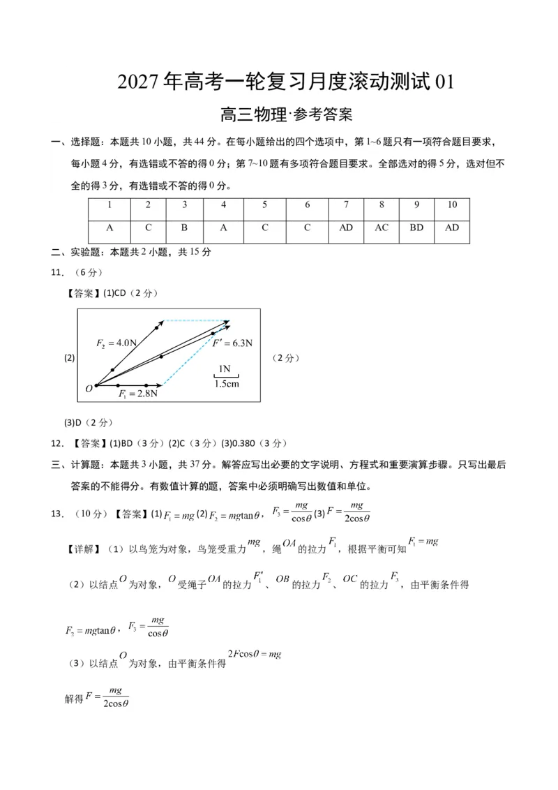 《2027年高考物理一轮复习月度滚动测试01（参考答案）_高考一二三轮复习_物理_2027年高考物理一轮更新中_2027年高考物理一轮复习讲义+练习+课件（新教材新高考）-G55_2027版》第1页预览