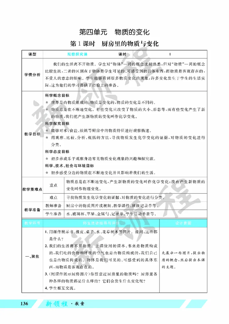 《教案—第1课时厨房里的物质与变化_26春小学语数英道科各版本《课件+教案》_26春教科版科学《课件+教案》1-6年级下册_六下_第四单元物质的变化_第四单元物质的变化》第1页预览