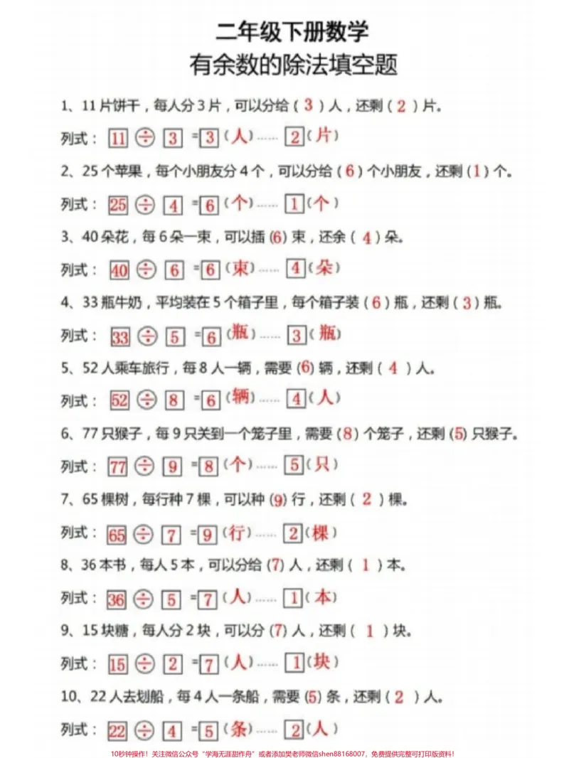 《二年级下册数学有余数的除法应用题专项练习#家长收藏孩子受益#每天学习一点点#教育#学习#知识点总结》第1页预览