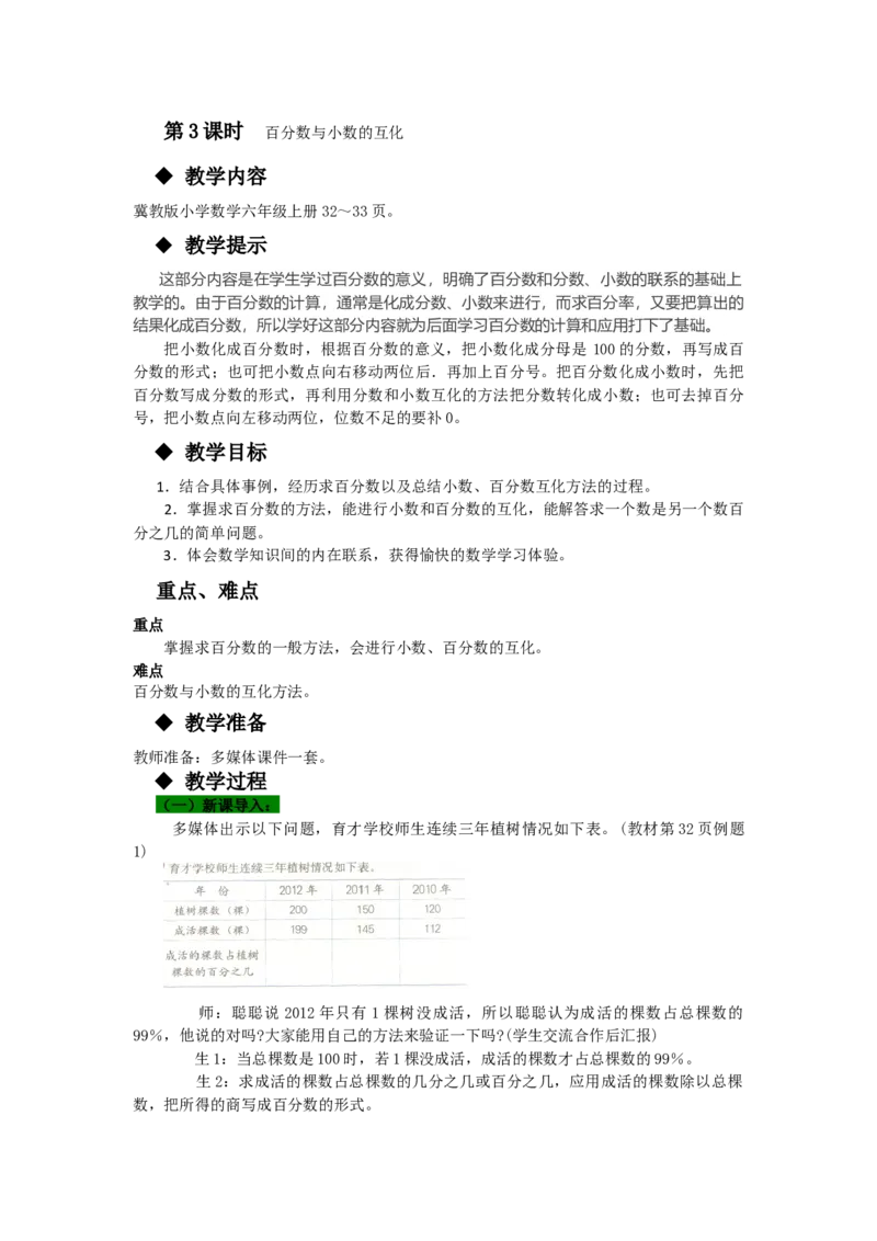 《第3课时百分数与小数的互化_26春小学语数英道科各版本《课件+教案》_26春各版本语数英《七彩课堂》教学课件+教案_25秋_数学《七彩课堂》教案+教学课件冀教25秋_教案》第1页预览