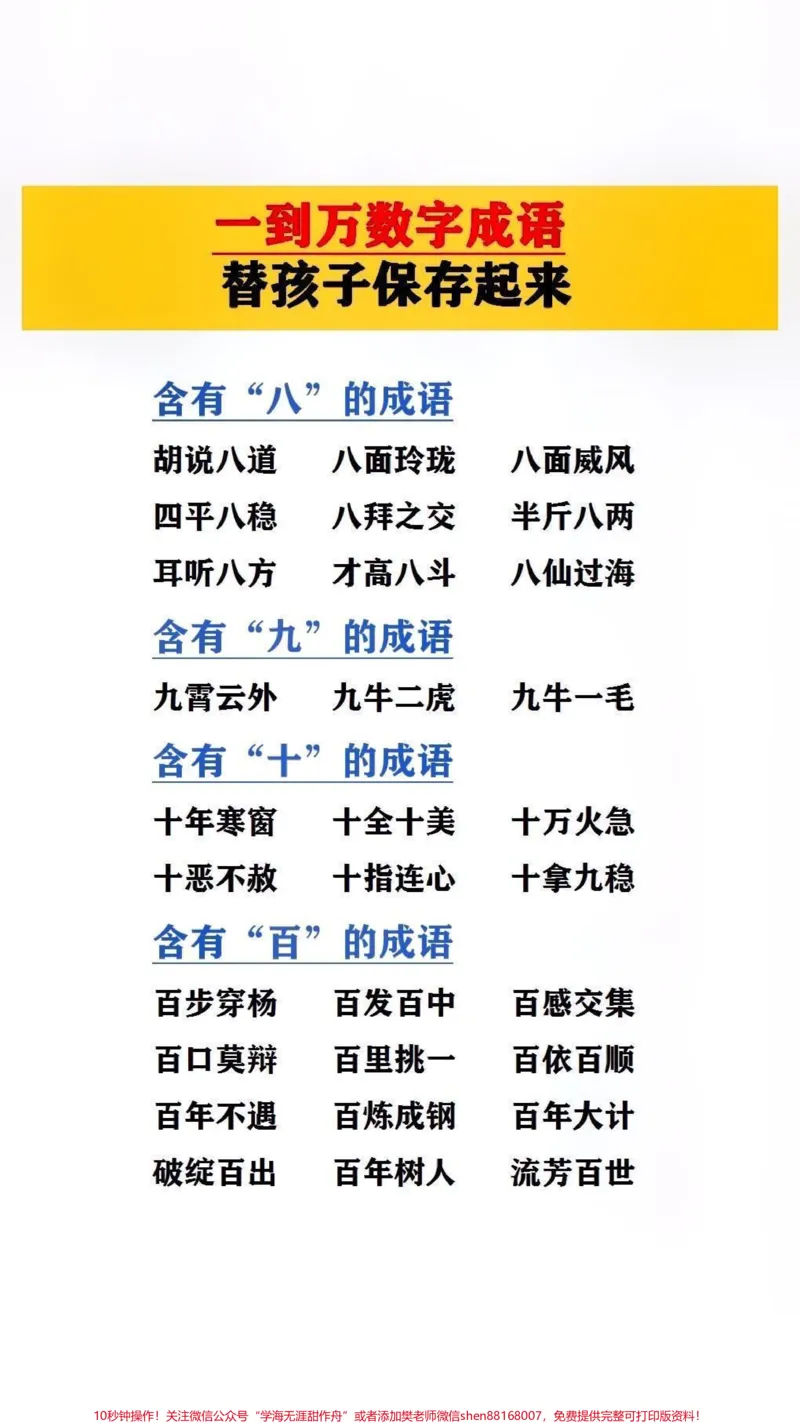 《一到万的数字成语,替孩子保存起来吧!#成语_最新小学1-9年级各科+幼升小+综合类学习资源汇总包_价值20万元!最新小学1-9年级各科+幼升小+综合类学习资源汇总包》第3页预览