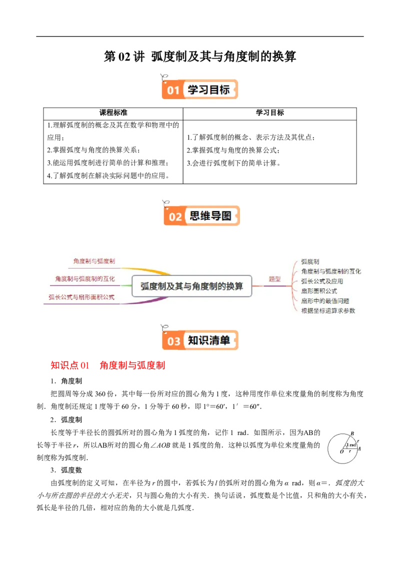 《第02讲弧度制及其与角度制的换算（原题版）_2027高中必刷题_必刷题2027_2027高一高二必刷题_数学_YZ-133-高中数学同步精讲B版高一二三基础+培优讲义+专题练习word版电子_第七章三角函数》第1页预览