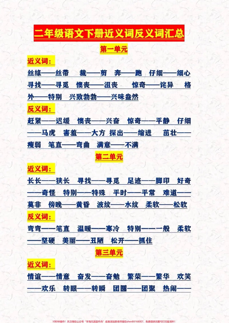 《二年级语文下册,全册近反义词汇总#二年级语文下册#感谢qunju888.com我要上热门#图文来了_最新小学1-9年级各科+幼升小+综合类学习资源汇总包_二年级一线老师整理版资源(全网独家)》第1页预览
