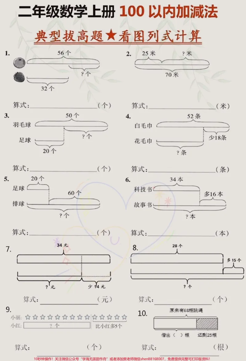 《二年级数学上册100以内加减法之看图列式和线段图列式拔高练习#二年级上册数学#二年级#线段图#看图列式计算_最新小学1-9年级各科+幼升小+综合类学习资源汇总包》第1页预览