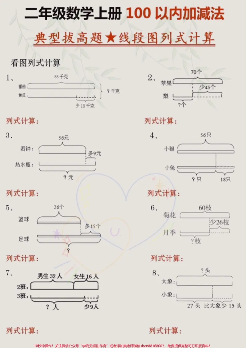 《二年级数学上册100以内加减法之看图列式和线段图列式拔高练习#二年级上册数学#二年级#线段图#看图列式计算_最新小学1-9年级各科+幼升小+综合类学习资源汇总包》第2页预览