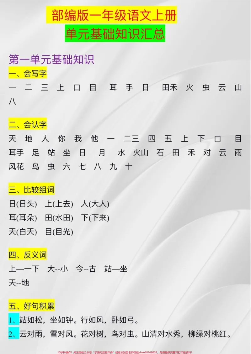 《九月升一年级上册的语文单元知识总结。#干货分享#一年级#干货#教育#我选猫更省》第1页预览