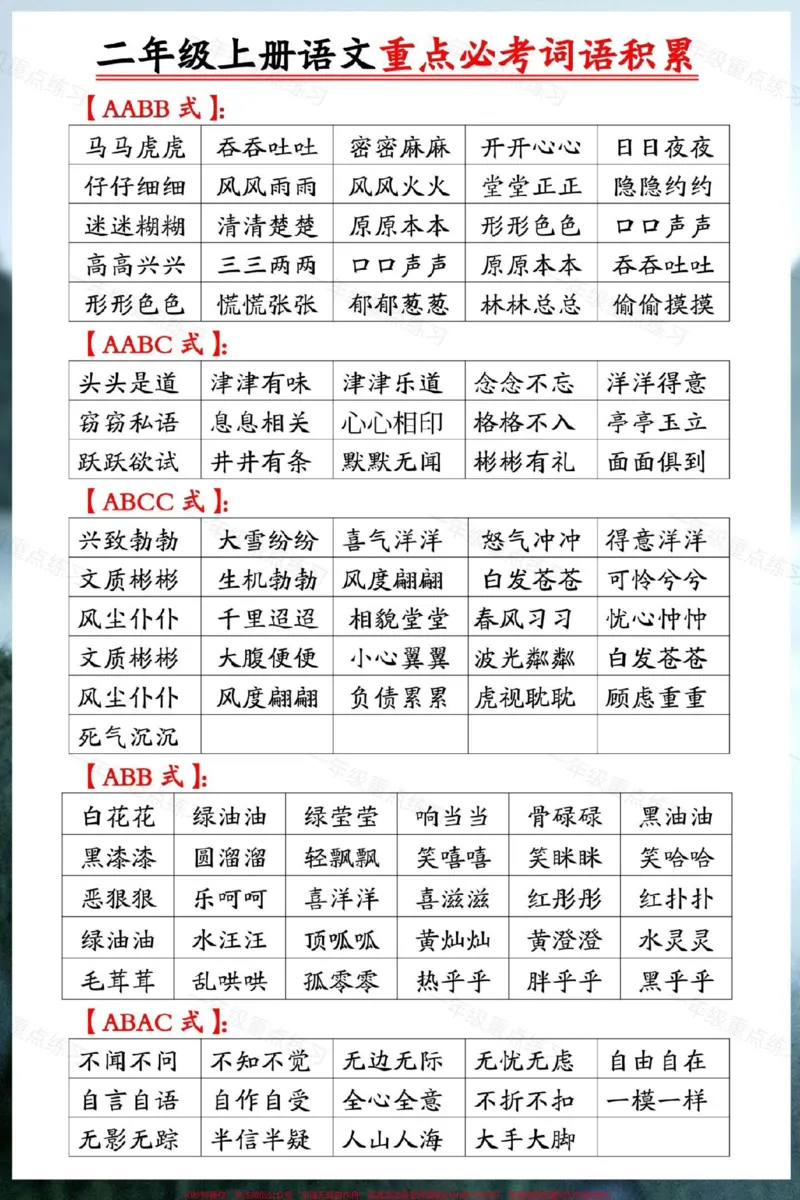 《二年级上册语文期末必背词语积累。#二年级上册语文#期末复习#词语积累#必考考点#知识点总结》第2页预览