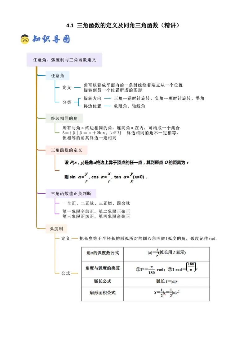 《4.1三角函数的定义及同角三角函数（精讲）（学生版）_高考一二三轮复习_数学_2026年_2026年高考数学一轮复习一隅三反（新高考新题型）-G88_资料_2026版》第1页预览