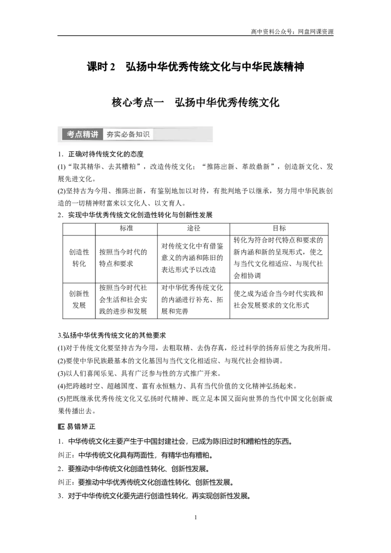 《2024年高考政治一轮复习（部编版）必修4　第24课　课时2　弘扬中华优秀传统文化与中华民族精神_初高中资料库_高中资料库（转存避免链接过期失效）_高中政治》第1页预览