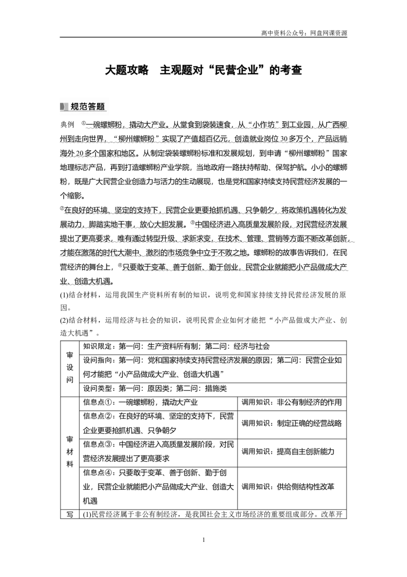 《2024年高考政治一轮复习（部编版）必修2　大题攻略　主观题对“民营企业”的考查_初高中资料库_高中资料库（转存避免链接过期失效）_高中政治》第1页预览