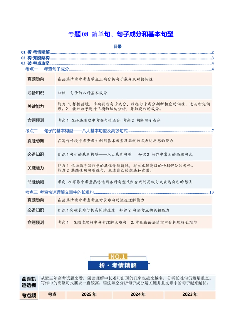 《专题08简单句、句子成分和基本句型（复习讲义）（全国通用）（学生版）_高考一二三轮复习_英语_2026年-英语高考二轮复习_2026年高考英语二轮复习课件+讲义+练习（新高考通用）-G92_2026版》第1页预览