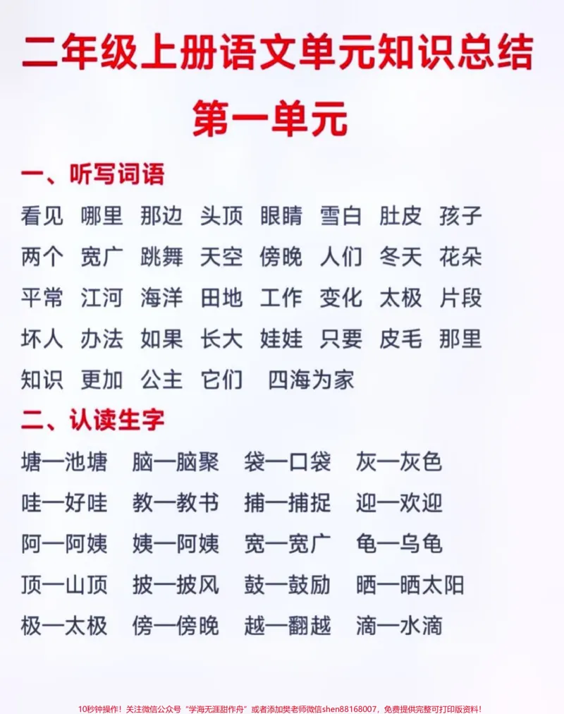 《二年级上册语文第一单元基础知识点汇总#小学知识点归纳#知识分享#小学语文资料分享》第1页预览