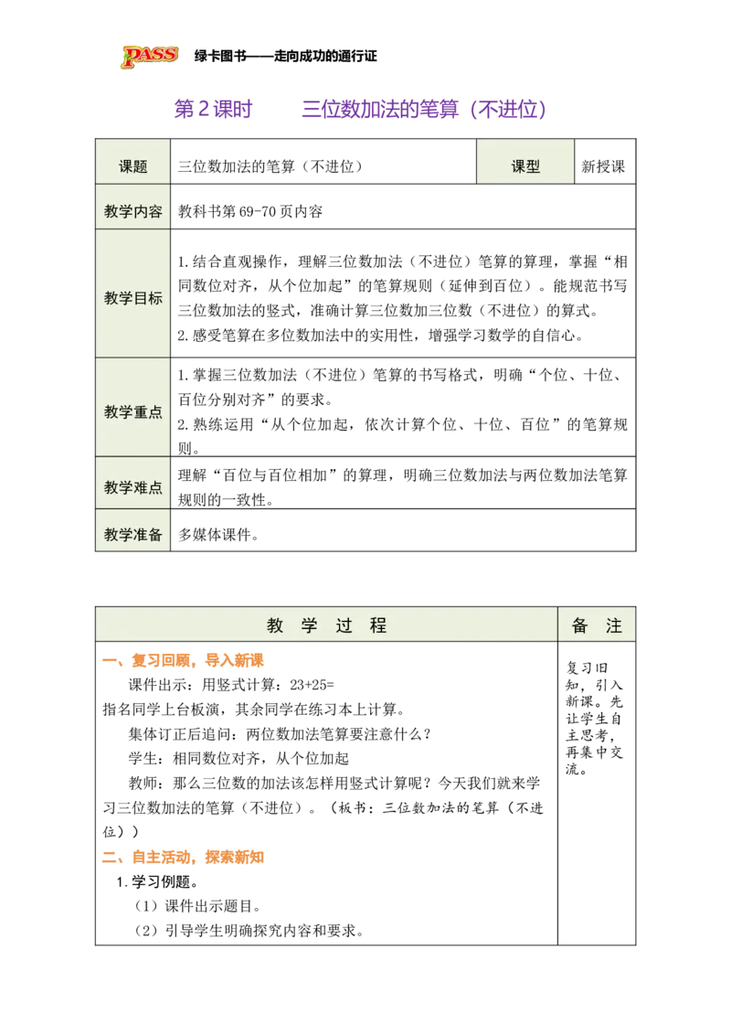 《第2课时三位数加法的笔算（不进位）_26春小学语数英道科各版本《课件+教案》_26春各版本数学《课件+教案》1-6年级下册_26春苏教版数学1-6年级下册教案课件PPT》第1页预览