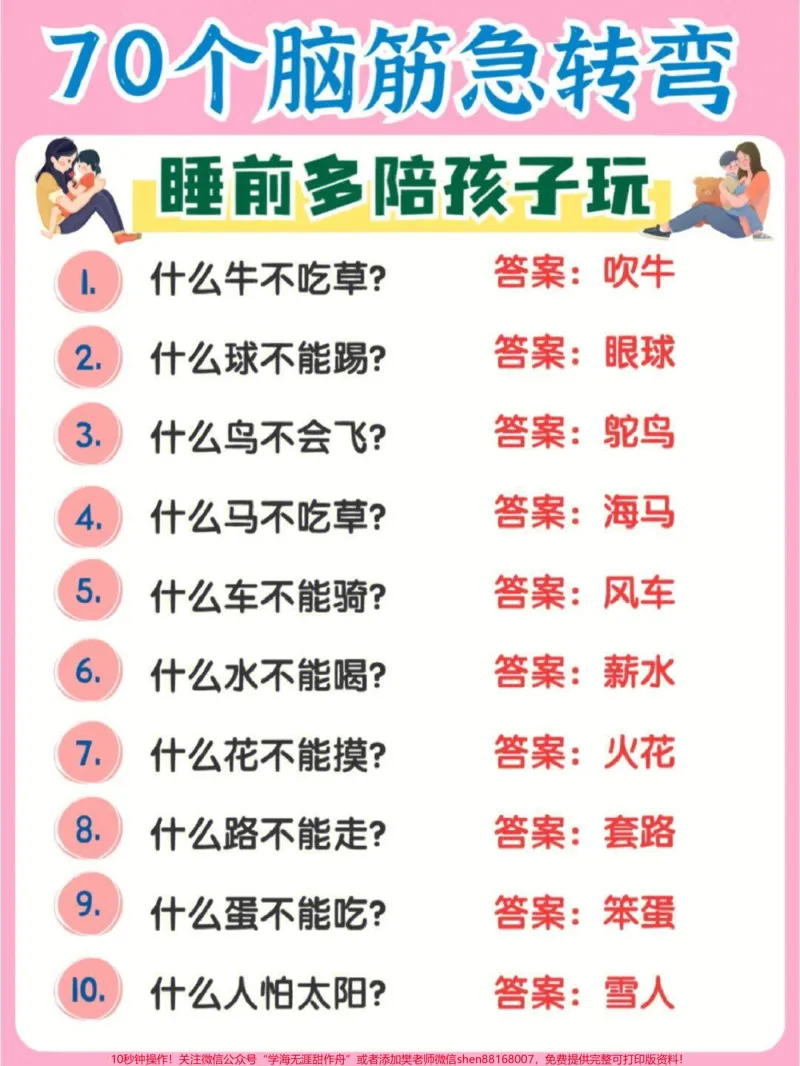 《70个脑筋急转弯,睡前多陪孩子们玩一玩,越玩越聪明#家长收藏孩子受益#每天学习一点点#教育#学习#脑筋急转弯_最新小学1-9年级各科+幼升小+综合类学习资源汇总包》第1页预览