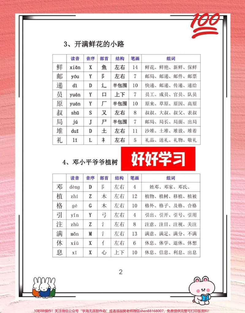《二年级语文下册生字,电子版共24页可打印结构笔画组词开学预习资料,家长打印出来给孩子学习!#二年级语文#预习#同步生字#小学语文知识点#开学季》第3页预览