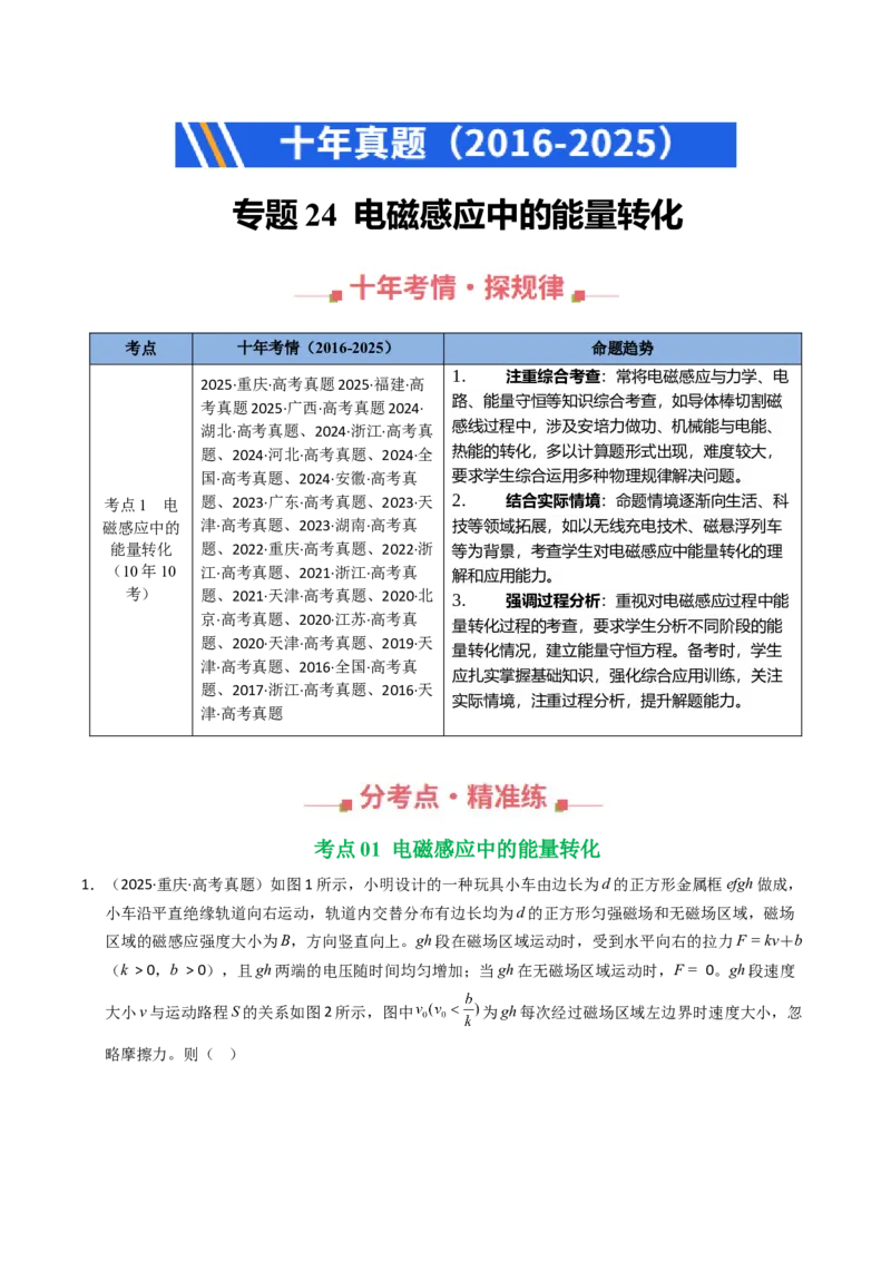 《专题24电磁感应中的能量转化（全国通用）（学生版）_高考一二三轮复习_物理_2026年-物理高考专项复习_十年（2016-2025）高考物理真题分类汇编（全国通用）-G15》第1页预览