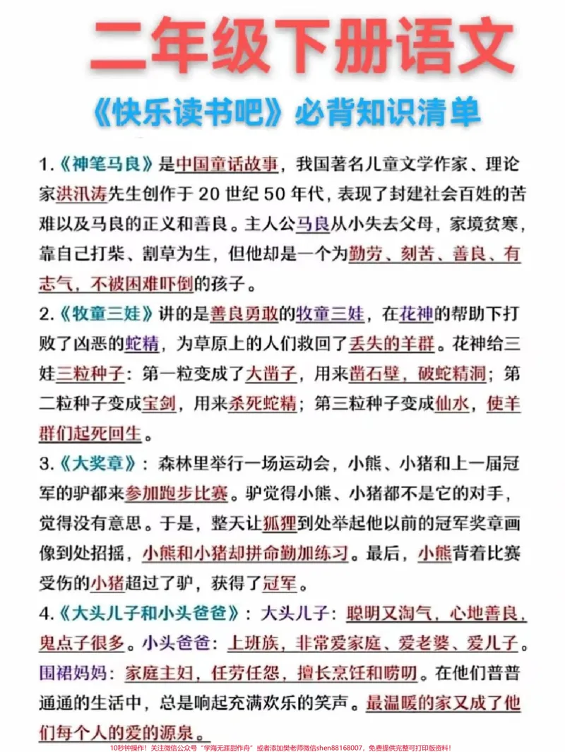 《二年级下册语文《快乐读书吧》必背知识点归纳#学习#教育#每天学习一点点#家长收藏孩子受益#知识点总结_最新小学1-9年级各科+幼升小+综合类学习资源汇总包》第1页预览