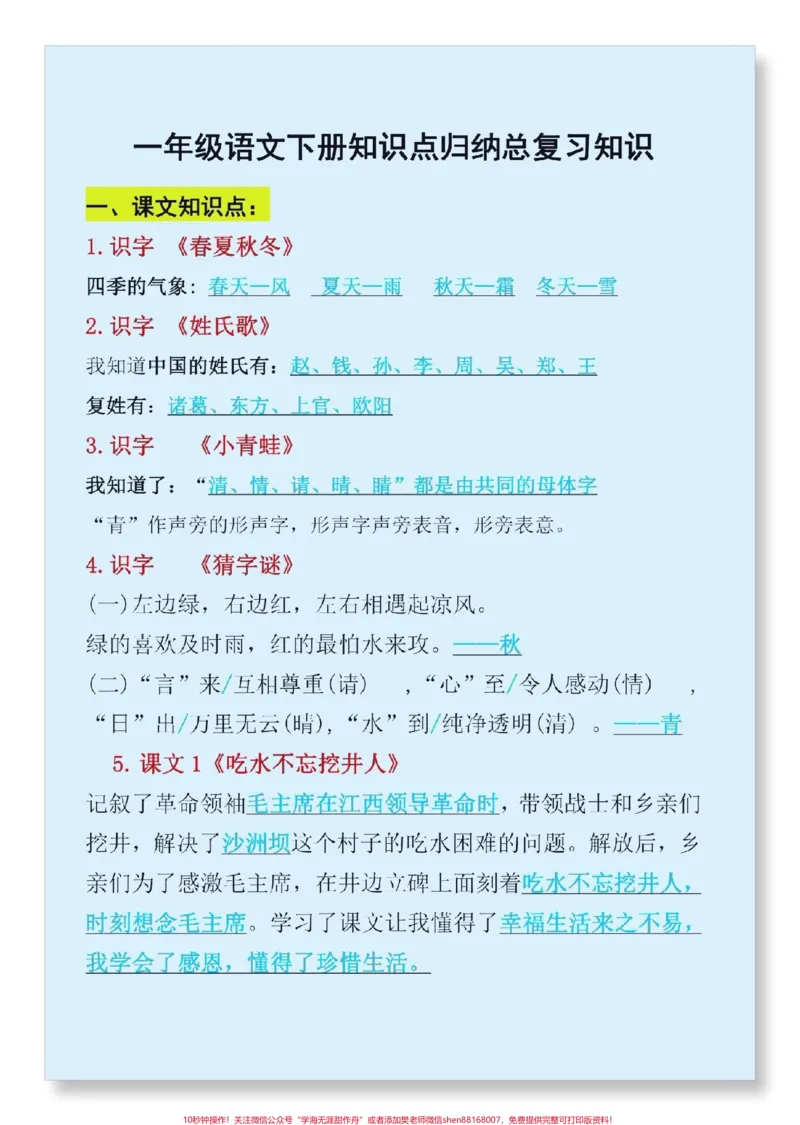 《一年级语文下册期末总复习,一共28页,有空白电子版,赶紧给孩子收藏起来练一练吧#一年级重点知识归纳#一年级语文#一年级重点知识归纳#家长收藏孩子受益#关注我持续更新小学知识》第1页预览