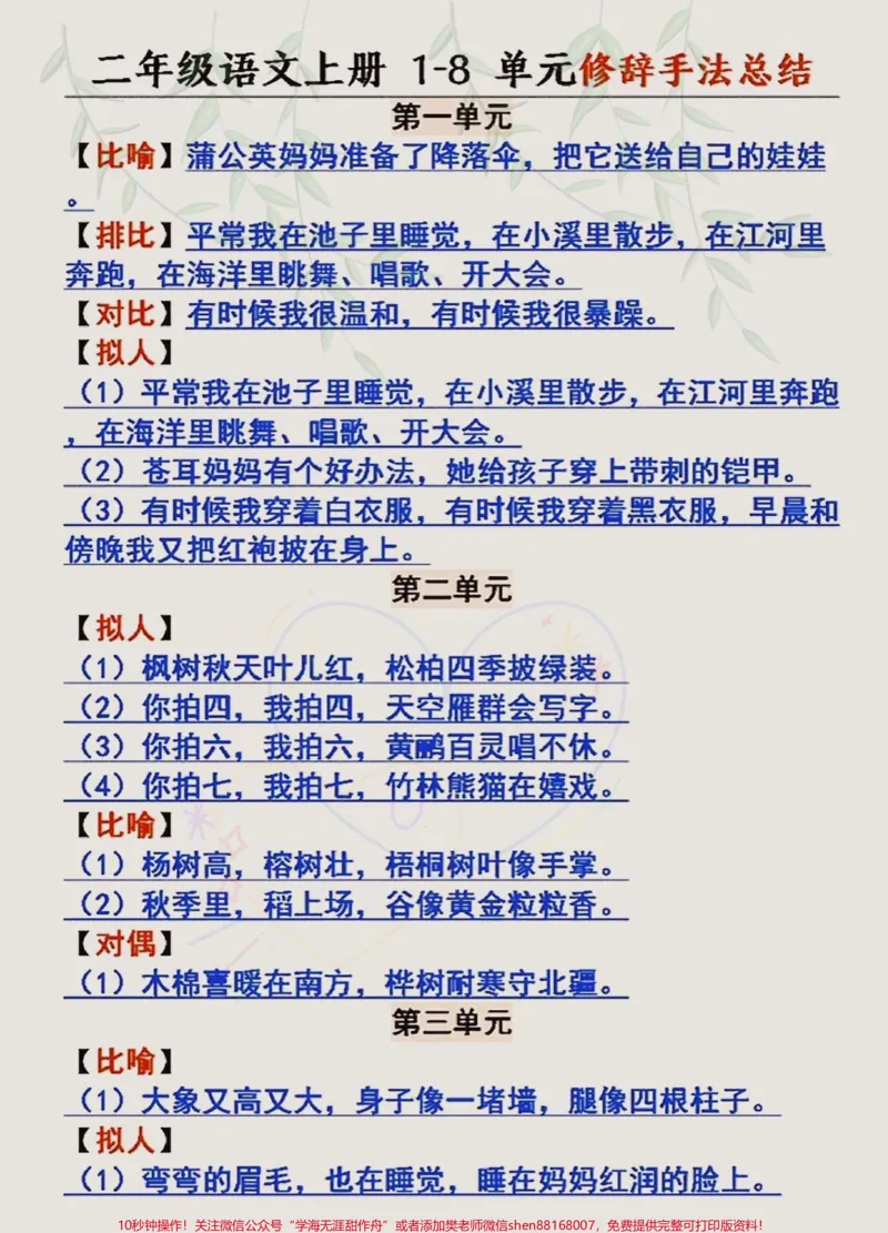 《二年级语文上册1~8单元修辞手法汇总#二年级上册语文#二年级语文上册知识归纳#二年级语文上册修辞手法#知识点总结_最新小学1-9年级各科+幼升小+综合类学习资源汇总包》第1页预览