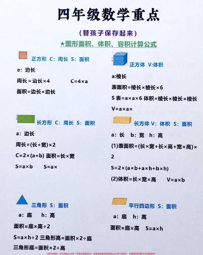 《四年级数学上册必备公式,趁暑假抓紧预习,四年级数学上册必备公式,轻松当学霸#每天学习一点点#干货分享#知识点总结#必考考点#四年级数学上册》第1页预览