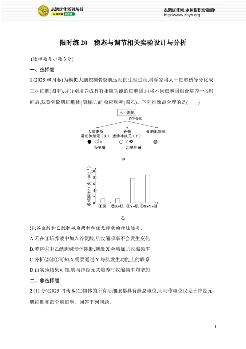《限时练20　稳态与调节相关实验设计与分析_2026版高中《二三轮复习+冲刺复习》_高考总复习优化设计二轮用书生物课后习题Word_课后习题_大单元6　个体通过一定的调节机制保持稳态》第1页预览