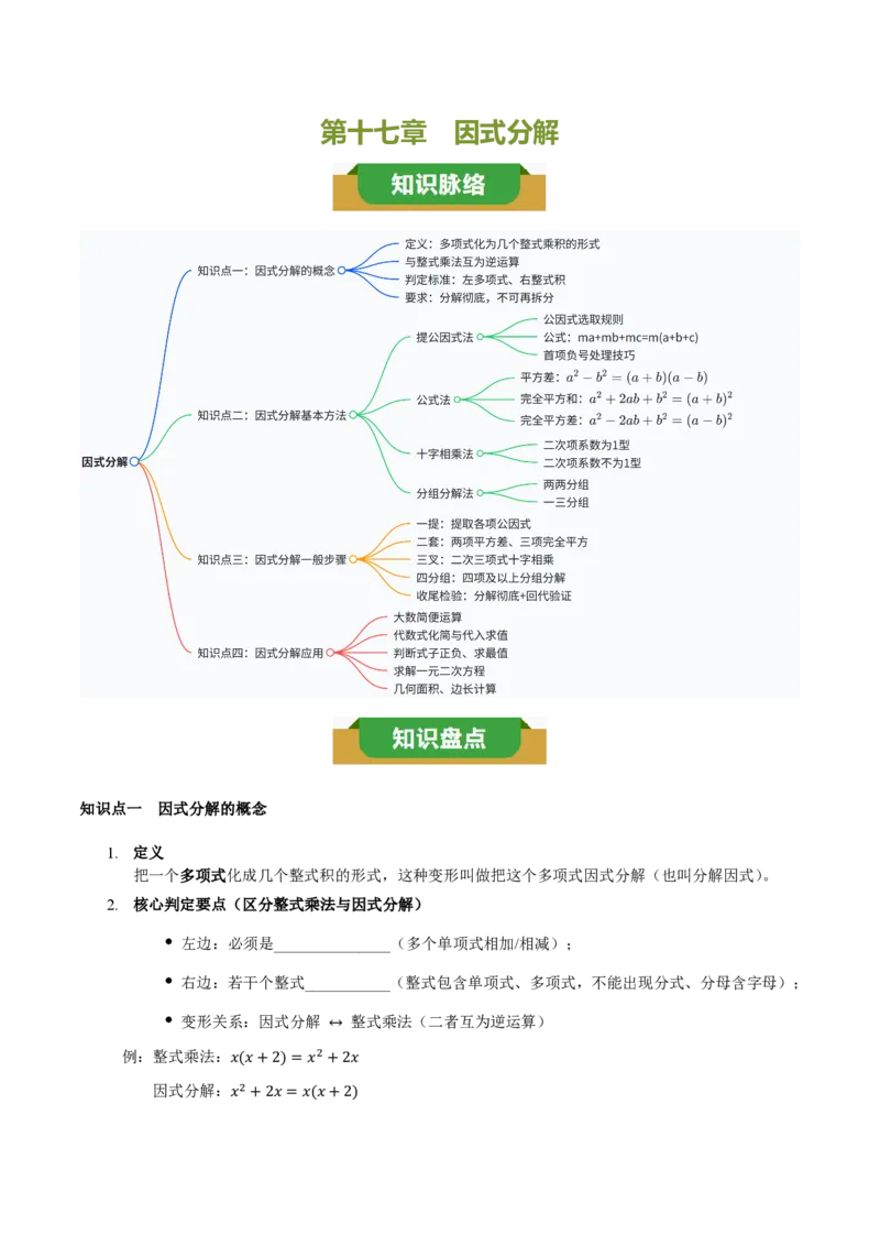 《第十七章因式分解（四大考点+五大易错+易错训练）（知识清单）（挖空版）_2026秋初中教辅合集_2027学科网&_2026秋《同步备课系列》8上数学_第十七章因式分解_单元复习》第1页预览