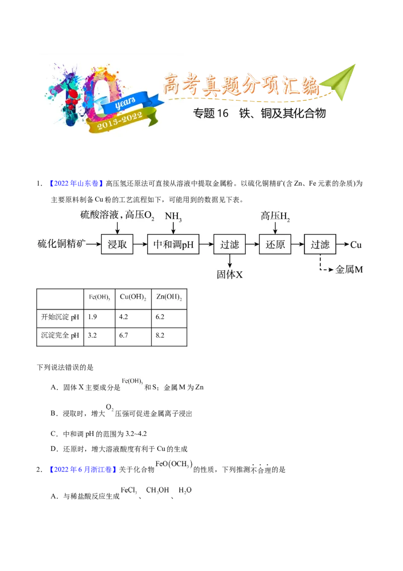 《专题16铁、铜及其化合物（学生版）_初高中资料库_高中资料库（转存避免链接过期失效）_高中化学》第1页预览