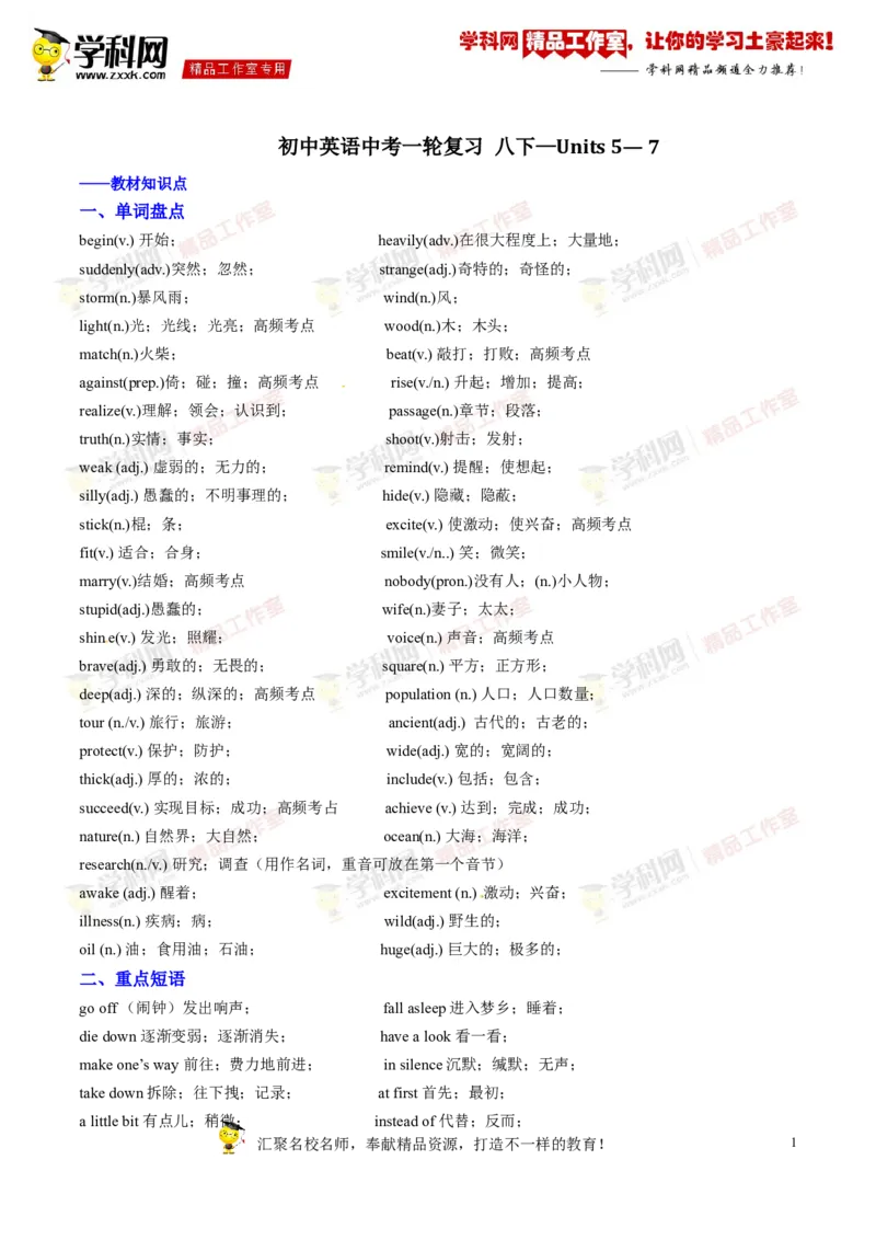 《专题12八年级下册Units5-7（讲练）-2017年中考英语一轮复习讲练测课课通（原卷版）_初高中资料库_初中资料库（转存避免链接过期失效）_初中英语》第1页预览