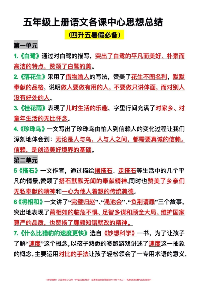 《四升五暑假预习‼️五年级上册语文各课中心思想总结,给大家梳理好了,家长打印出来给孩子在暑假里背一背#四升五暑假计划#暑假预习#五年级上册语文#中心思想归纳#语文知识分享》第2页预览