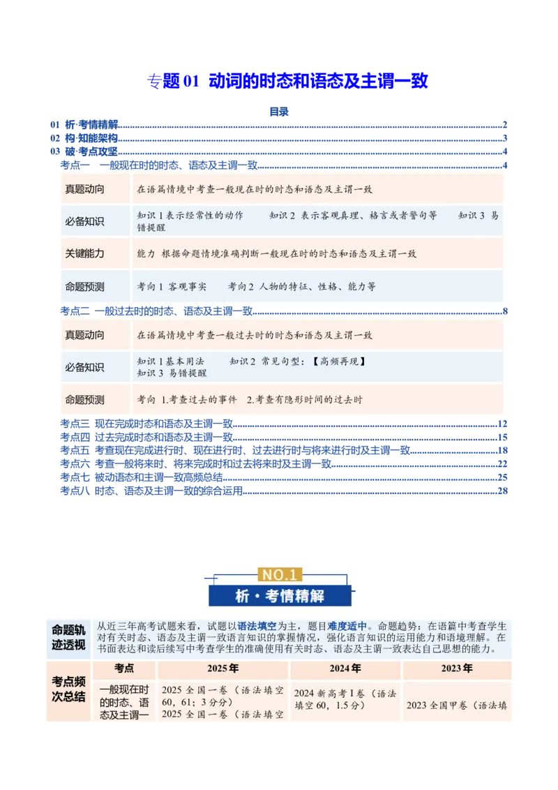 《专题01动词的时态和语态及主谓一致（复习讲义）（全国通用）（教师版）_高考一二三轮复习_英语_2026年-英语高考二轮复习_2026年高考英语二轮复习课件+讲义+练习（新高考通用）-G92_2026版》第1页预览