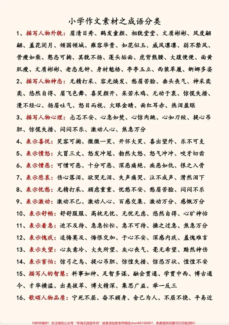 《作文素材成语积累。作文要想写的好,素材积累少不了,小学作文素材之成语积累,包含114大类,死磕这套成语积累,作文老师都夸好。#作文素材#小学作文#作文写作技巧#词语积累#优秀作文》第1页预览