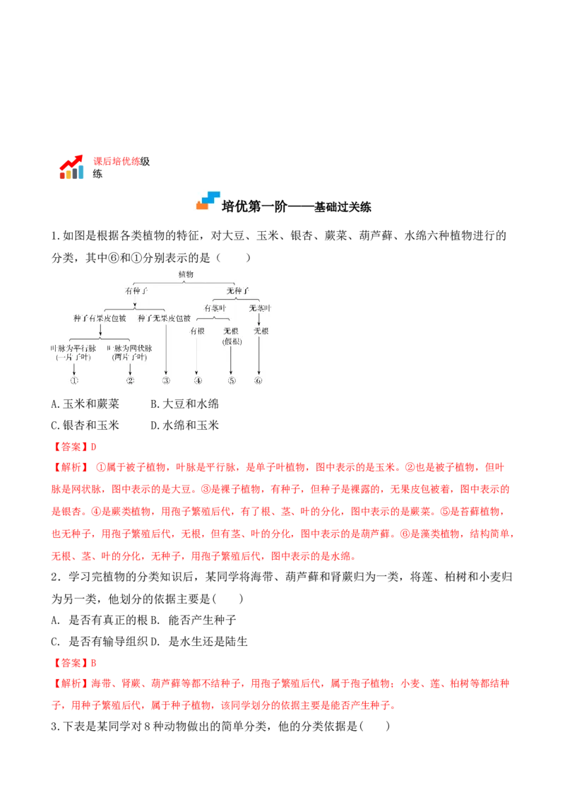 《6.1.1尝试对生物进行分类-2022-2023学年八年级生物上册课后培优分级练（人教版）（解析版）_初中全科知识点总结和试卷_赠送习题试卷_初中3年学习辅助资料_1、初中学习资料_4-6、生物》第3页预览