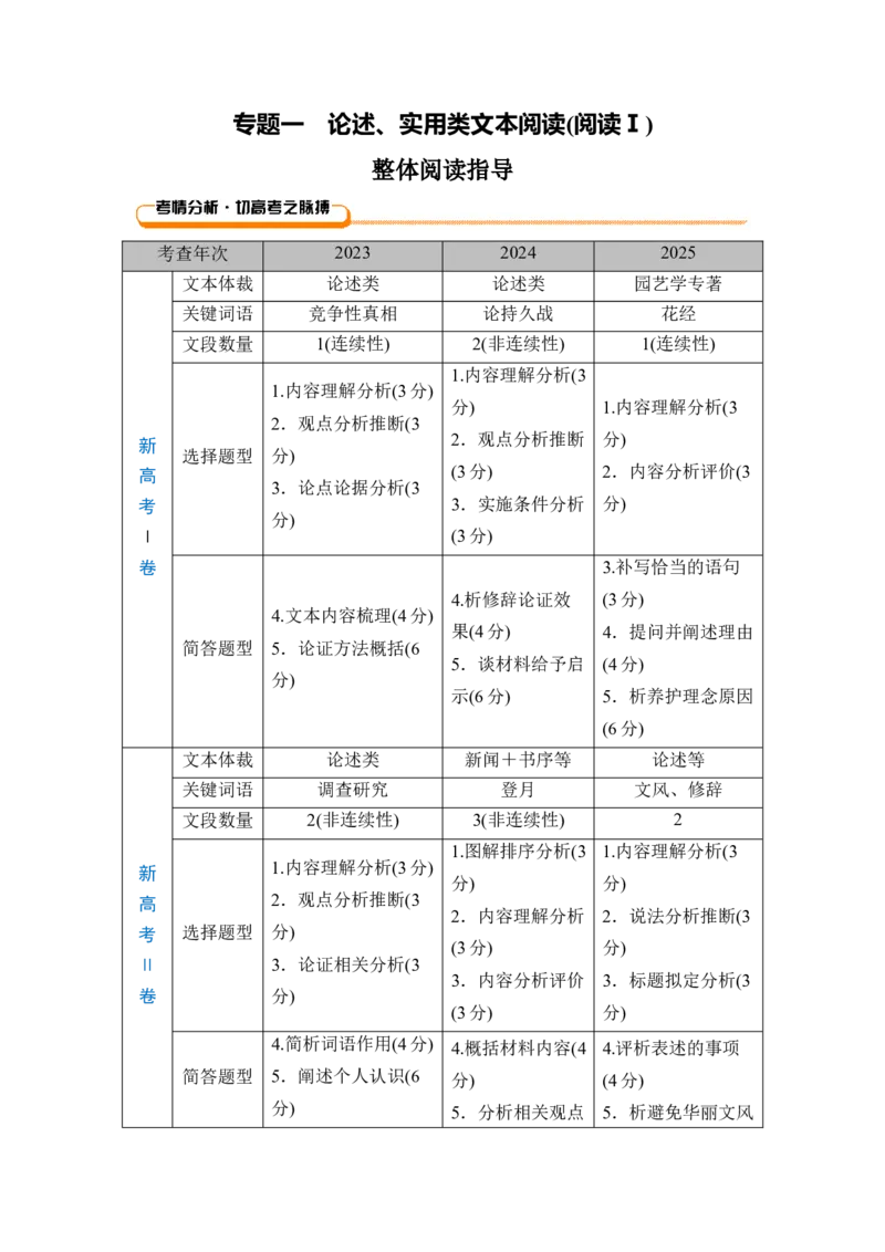 《专题一整体阅读指导（学生版）_高考一二三轮复习_语文_2027年一轮语文更新啦_72027届高考语文一轮复习讲义+专题突破（新高考通用）》第1页预览