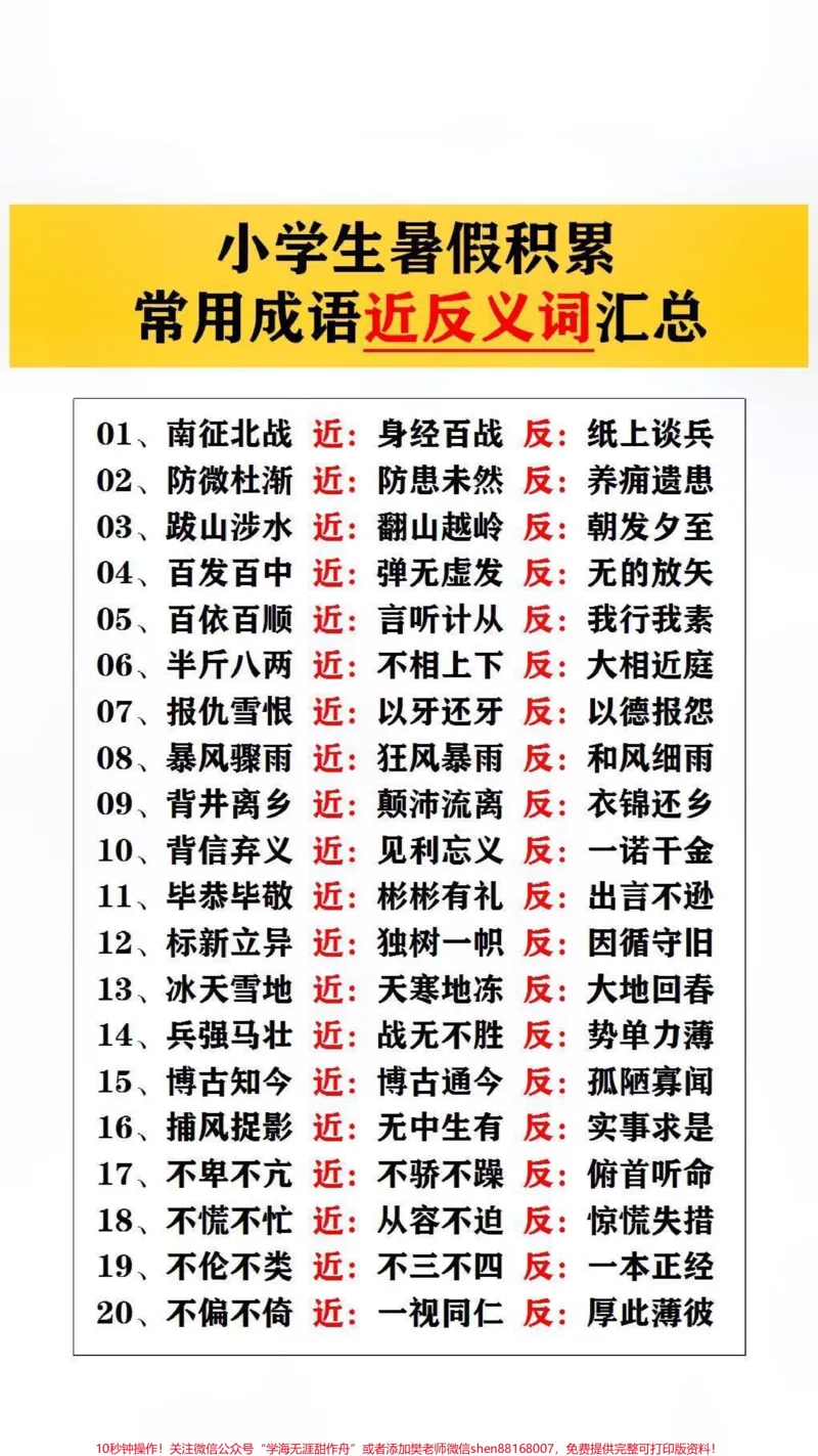 《常用成语近反义词汇总#词语积累#小学语文_最新小学1-9年级各科+幼升小+综合类学习资源汇总包_价值20万元!最新小学1-9年级各科+幼升小+综合类学习资源汇总包》第1页预览