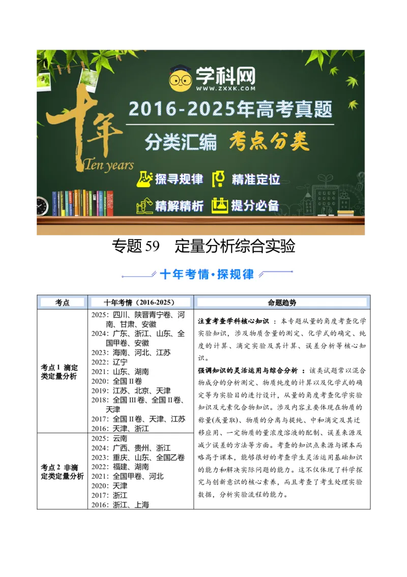 《专题59定量分析综合实验（学生版）_高考一二三轮复习_化学_2026年-化学高考专项复习_十年（2016-2025）高考化学真题分类汇编（全国通用）-G15》第1页预览